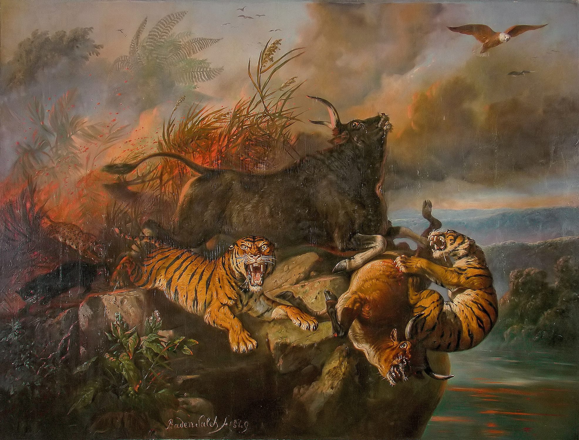 A painting of Forest Fire by Raden Saleh